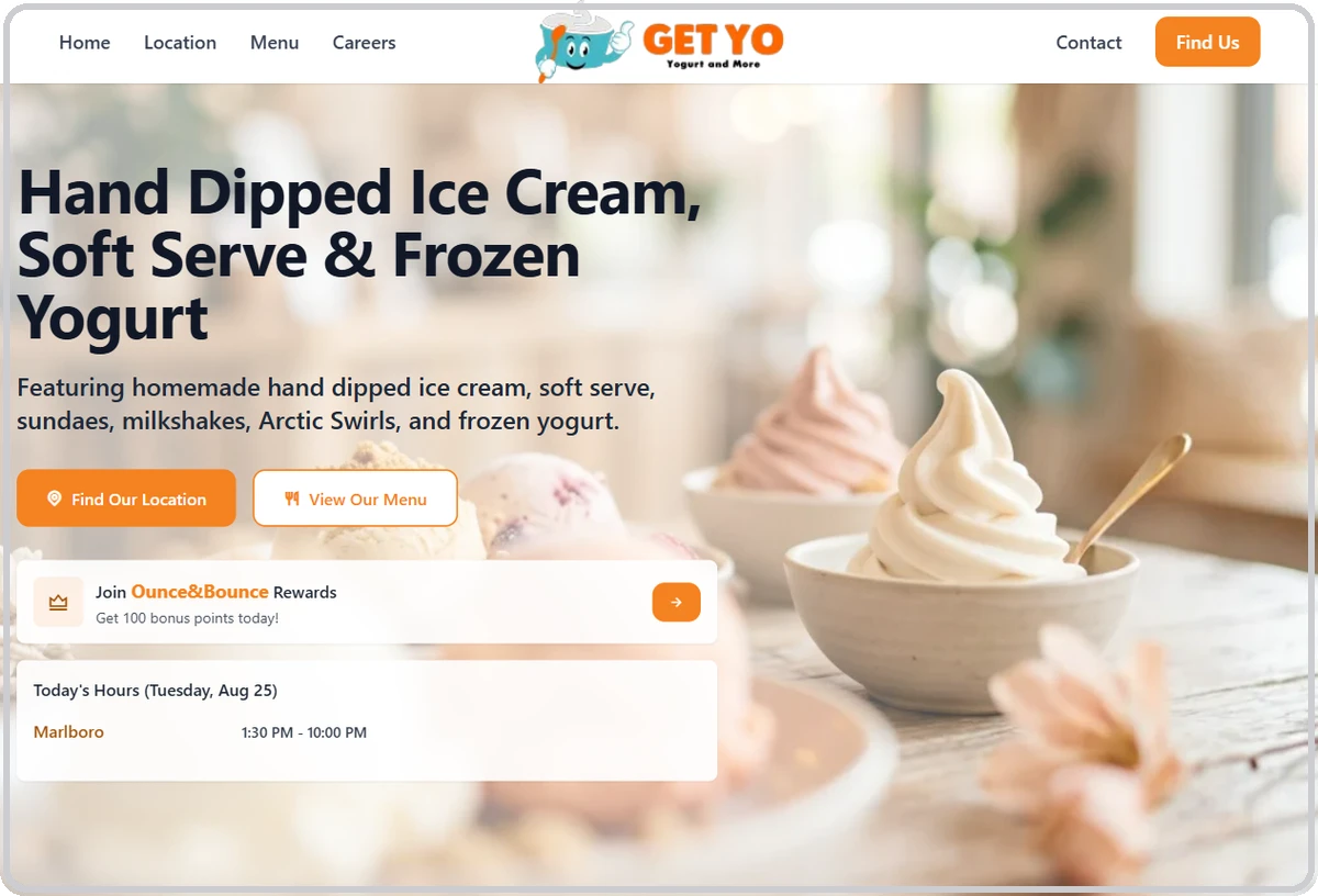 Frozen Yogurt Cafe sitesinin ilk ekranı