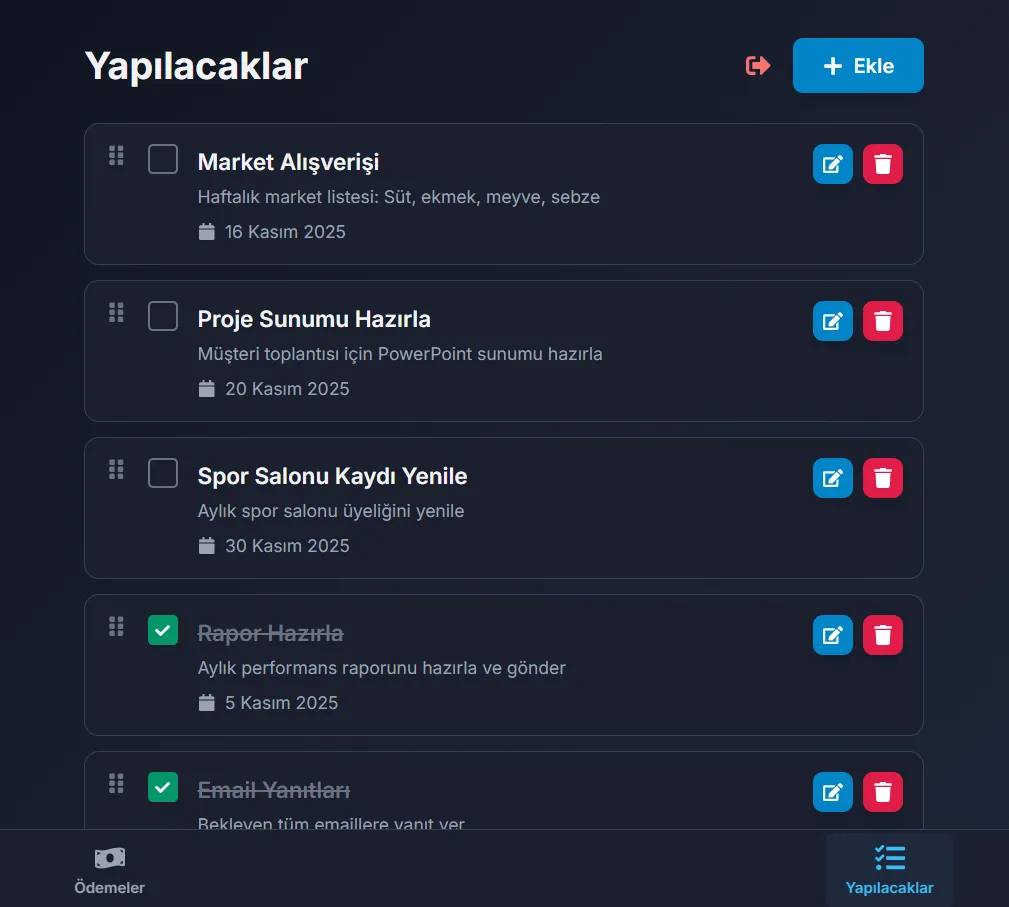 Payment ve Task Tracker Uygulama Ekran Görüntüsü 2